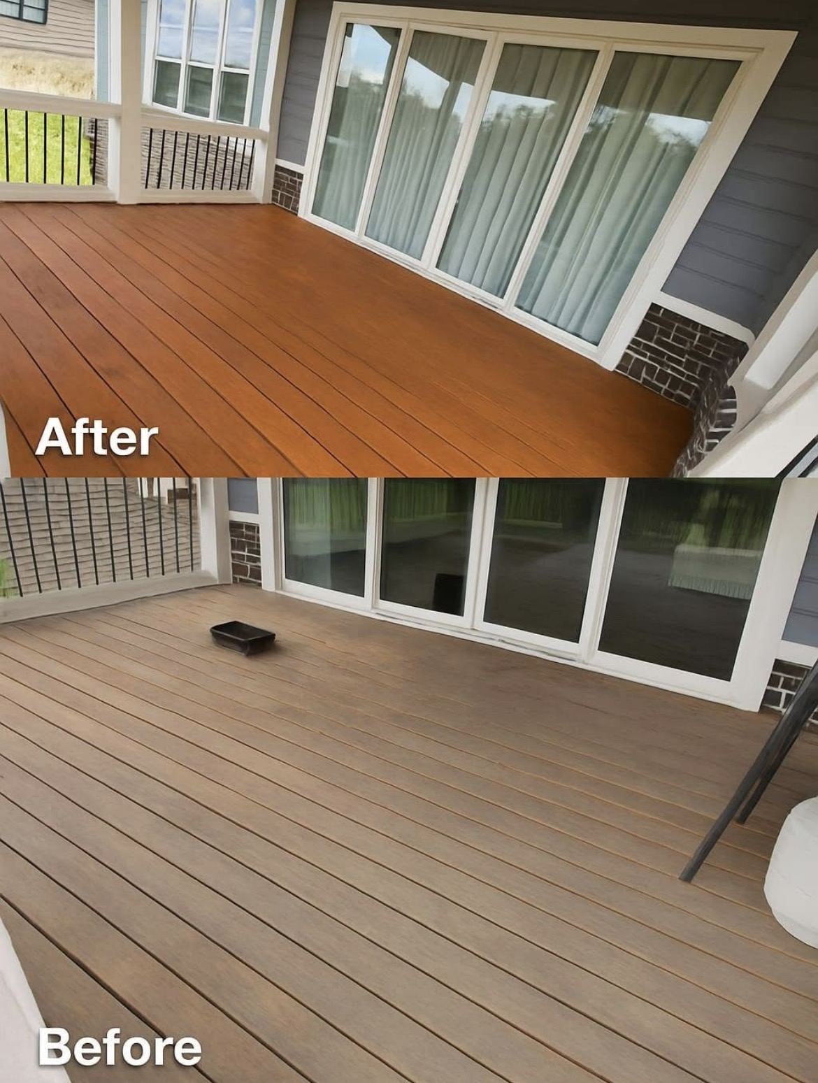 Side-by-side before and after of a composite deck cleaned and refinished to a rich, even color.